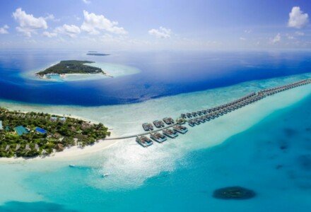 An aerial view of a resort in the Maldives