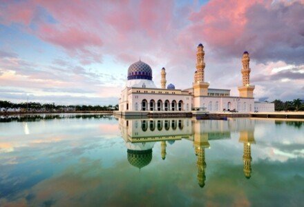 Reflection of Kota Kinabalu city mosque during sunset. Kota Kinabalu City Floating Mosque is a famous place of interest in Sabah Borneo, Malaysia.