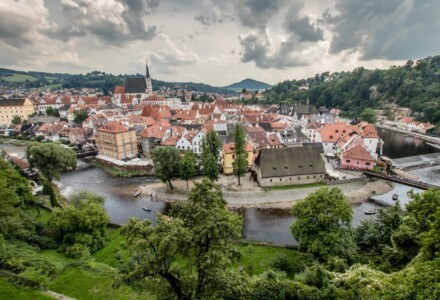 The medieval town of Cesky Krumlov, seen from the castle