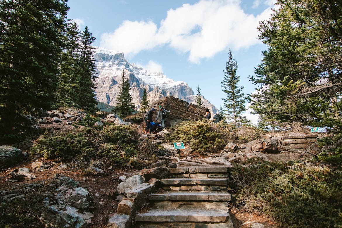 Climbing up to the viewpoint at Moraine Lake