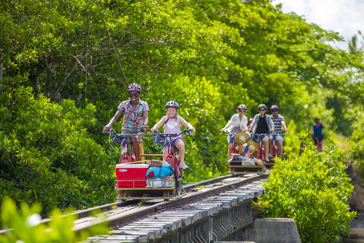 Ecotrax Fiji velocipedes touring the old sugarcane tracks of the Coral Coast