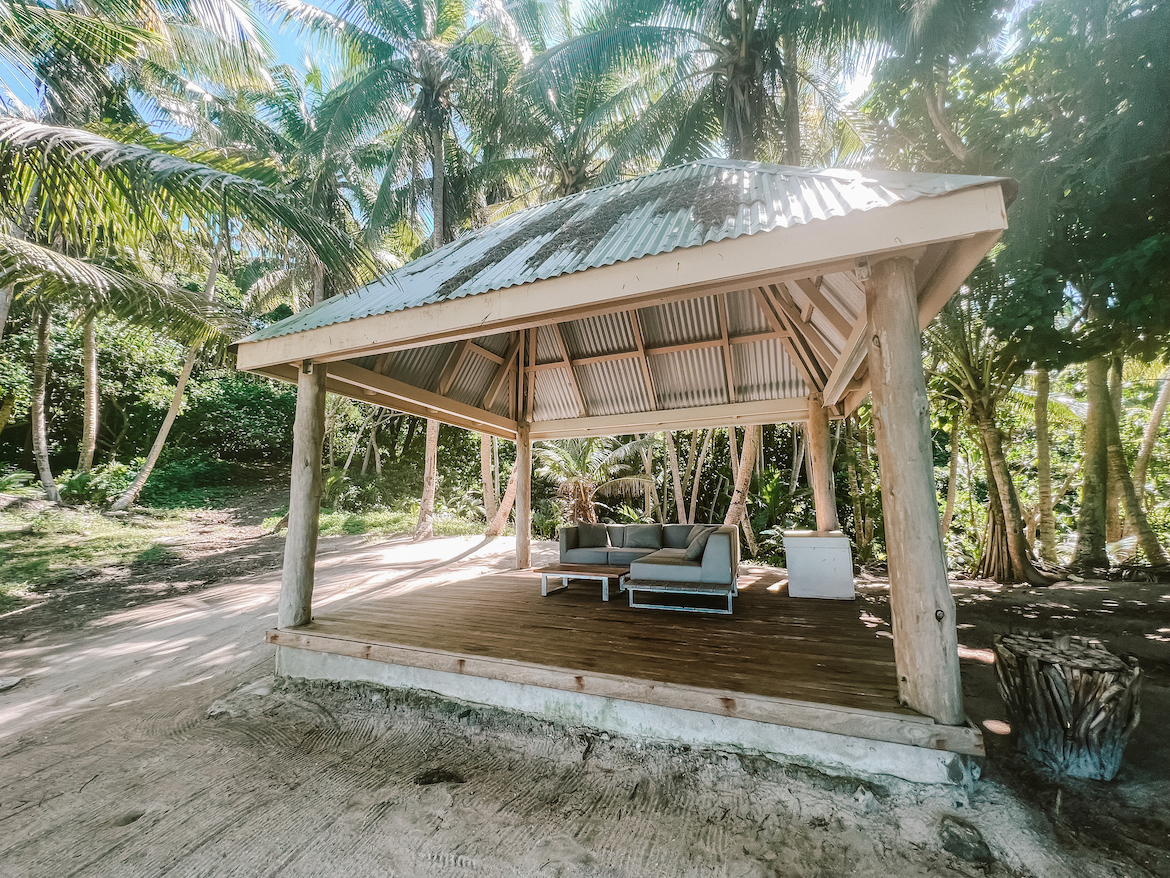A pavilion on one of Turtle Island's private beaches