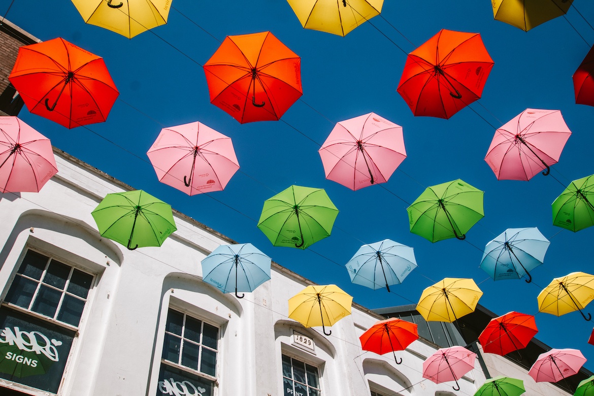 The umbrella display on Church Street in Cardiff